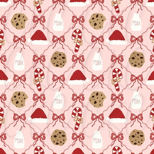 Puede incluir: Patrón repetitivo de galletas navideñas, gorros de Papá Noel, bastones de caramelo, botellas de leche y lazos rojos sobre un fondo rosa claro. Las botellas de leche tienen la palabra "Milk". Ideal para productos navideños.
