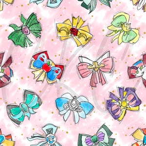 May include: A repeating pattern of watercolour bows in shades of green, yellow, pink, and blue, set against a pink backdrop with gold stars. The bows feature diverse designs and details, forming a playful, whimsical design.