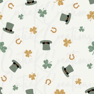 May include: A repeating pattern with St. Patrick's Day motifs. The design includes green leprechaun hats with black bands, gold horseshoes, gold glitter shamrocks, and green glitter shamrocks on a white background.