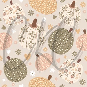 May include: A seamless pattern featuring various pumpkins with different designs. The pumpkins are in shades of brown, beige, and pink. Some pumpkins have floral patterns, while others have hearts or stripes. The background is a light beige colour.