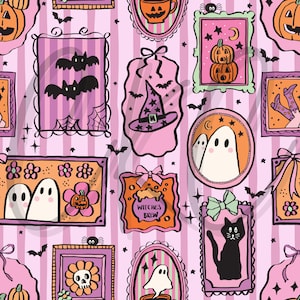 以下が含まれることがあります： ピンクのストライプの背景に、ハロウィーンをテーマにしたイラストがフレームに入った繰り返しパターン。フレームには、コウモリ、カボチャ、幽霊、魔女の帽子、黒猫の画像が含まれています。小さなクモとコウモリがデザイン全体に散らばっています。