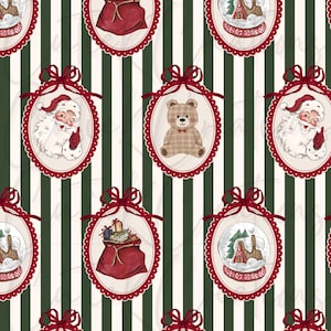 May include: A repeating pattern featuring Christmas-themed illustrations. Santa Claus, teddy bears, snow globes, and gift-filled sacks are framed in red-trimmed ovals with bows, set against a striped background of cream and dark green.