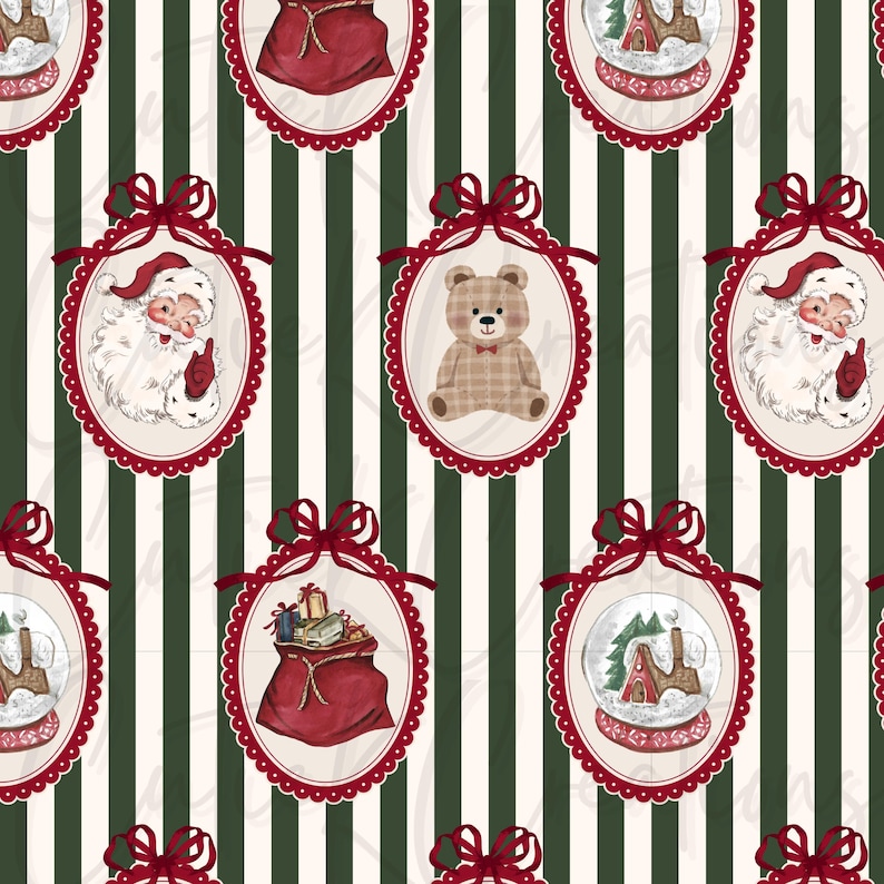 May include: A repeating pattern featuring Christmas-themed illustrations. Santa Claus, teddy bears, snow globes, and gift-filled sacks are framed in red-trimmed ovals with bows, set against a striped background of cream and dark green.