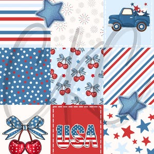 May include: A digital paper pack with nine different patterns featuring red, white, and blue colors. The patterns include stripes, polka dots, stars, cherries, and fireworks. The word "USA" is written in red, white, and blue letters with a distressed look. The patterns are perfect for scrapbooking, card making, and other crafting projects.