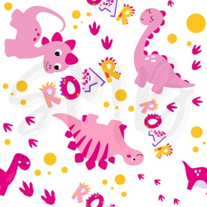 May include: A seamless pattern featuring pink dinosaurs with the word "ROAR" repeated throughout. The background is white with yellow and pink polka dots.