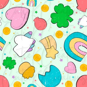 May include: A repeating pattern featuring whimsical illustrations on a light green background. The design includes hearts, rainbows, shamrocks, gold coins, shooting stars, and unicorn shapes in pastel colors with black outlines.