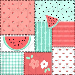 May include: A patchwork design featuring watermelon slices, seeds, and patterns in shades of red, pink, and teal. The design includes gingham, stripes, and floral elements, creating a summery and playful aesthetic.