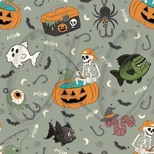 May include: A repeating pattern featuring Halloween-themed fishing illustrations. The design includes jack-o'-lanterns, skeletons, fish, bats, fishing hooks, and spiderwebs in shades of orange, black, green, and white on a gray background.