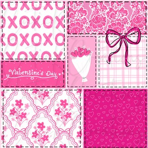 May include: A patchwork design featuring various pink patterns and Valentine's Day elements. The design includes XOXO text, floral patterns, a bouquet of hearts, a bow, and the text "Valentine's Day".
