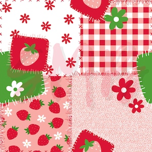 May include: A patchwork quilt design featuring red and white gingham, green, pink, and white floral patterns, and red strawberries.