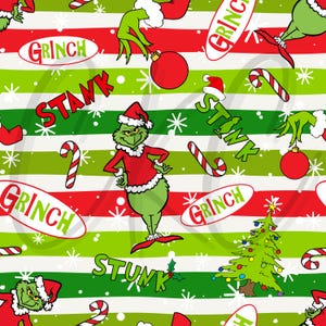 以下が含まれることがあります： サンタ帽をかぶったグリンチ、キャンディケイン、クリスマスオーナメント、クリスマスツリーをあしらったお祝いのパターン。赤、緑、白のストライプの背景に「Grinch」と「Stunk」の文字がデザインされています。