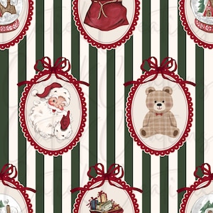 May include: Seamless Christmas-themed pattern featuring oval frames with red bows and scalloped edges. The frames contain illustrations of Santa Claus, a teddy bear, and wrapped gifts, set against a striped green and white background.