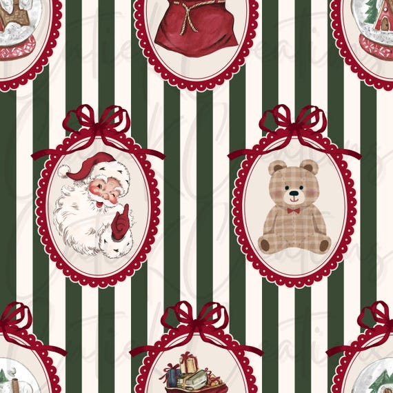 Vintage Santa Green Stripes Coquette Frame Ralph Tartan Christmas Boy and Girl Seamless Files