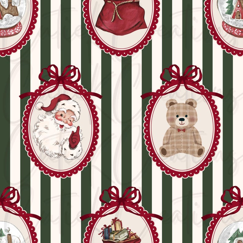May include: Seamless Christmas-themed pattern featuring oval frames with red bows and scalloped edges. The frames contain illustrations of Santa Claus, a teddy bear, and wrapped gifts, set against a striped green and white background.