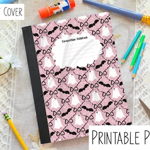 May include: A composition notebook with a pink cover featuring a pattern of white ghosts, black bats, and bows. The notebook has a black spine and a white label for the title. The words "Front Cover" and "Printable PNG" are visible.