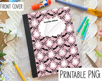 Lindo archivo digital de Halloween imprimible, portada de cuaderno de composición PNG, cuaderno personal de regreso a clases, diario basura personalizado, cuaderno de trabajo para niños