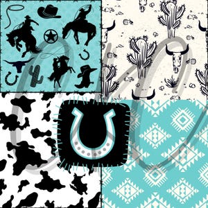 May include: A digital collage featuring a variety of western-themed patterns and designs. The collage includes a cowhide pattern, a turquoise and white geometric pattern, a pattern of cacti and skulls, and a horseshoe. The collage is framed with a turquoise border.