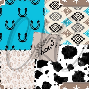 May include: A digital paper pack with four different patterns. The patterns include a turquoise background with black horseshoes, a brown and white geometric pattern, a white background with black cow spots, and a white background with brown cactus and plants. The text "yee haw" is written in black on a brown background.