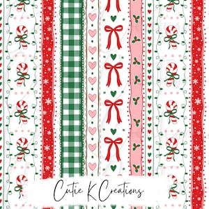 May include: A repeating vertical pattern featuring candy canes, red bows, green hearts, holly leaves, and snowflakes on a white background. The design includes stripes of green gingham, solid red, and pink, with the text Cutie K Creations at the bottom.