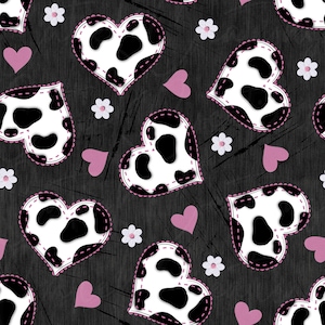 May include: A repeating pattern featuring white hearts with black cow spots, outlined with pink stitching, set against a dark grey textured background. Pink hearts and white flowers are scattered throughout the design.