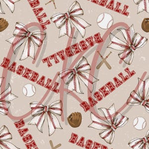 Op de afbeelding: Een naadloos patroon met rode en witte baseball-elementen op een beige achtergrond. Het patroon bevat honkballen, knuppels, strikken en het woord "BASEBALL" dat zich herhaalt.