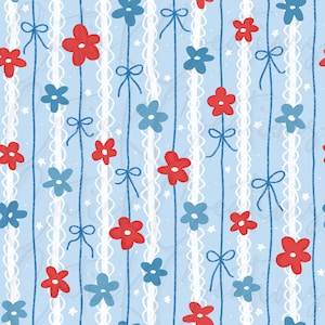 May include: A repeating pattern of red and blue flowers, blue bows, and white lace-like vertical stripes on a pale blue backdrop. Tiny white stars are scattered across the design, creating a whimsical and decorative aesthetic.