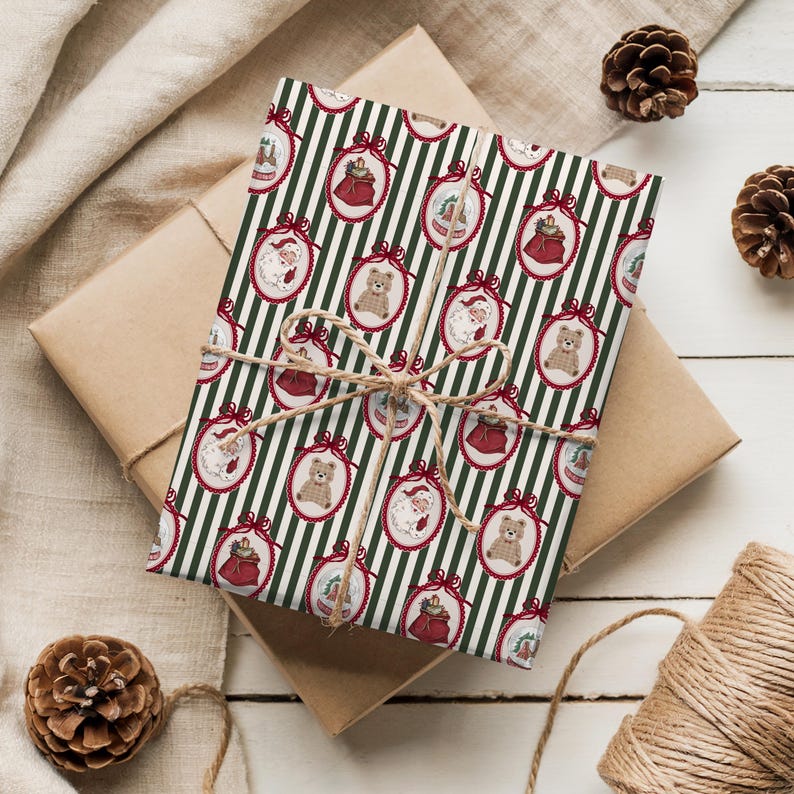 May include: A wrapped gift with Christmas-themed wrapping paper. The paper features a pattern of ornaments with Santa Claus, teddy bears, and gift bags on a green and white striped background. The gift is tied with twine.