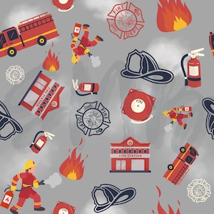Könnte beinhalten: Ein nahtloses Muster mit verschiedenen Motiven aus der Feuerwehr und der Feuerwehr, darunter Feuerwehrautos, Hydranten, Feuerlöscher, Feuerwehrhelme, Feuerwachen und Flammen. Das Muster ist auf einem grauen Hintergrund.