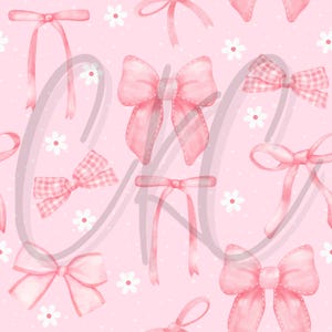 May include: A seamless pattern featuring pink bows of various sizes and styles on a light pink background with white polka dots and white flowers.