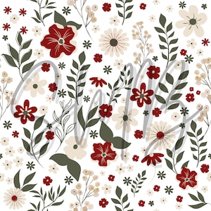 May include: A seamless pattern featuring red, white and green flowers and leaves on a white background.