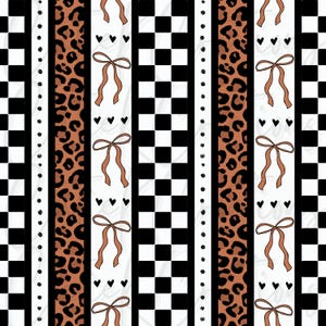 May include: A repeating pattern with vertical stripes. The design includes black and white checkered squares, leopard print, white stripes with brown bows and black hearts, and dotted black lines. The overall aesthetic is playful and decorative.