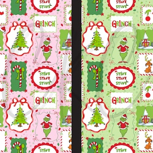 May include: A Christmas-themed pattern featuring the Grinch. The design includes images of the Grinch, Christmas trees, candy canes, and the text "GRINCH" and "STANK STUVK STUM". The background alternates between pink and green.