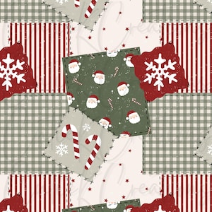 May include: A festive patchwork pattern featuring alternating squares of red and white vertical stripes, green and white gingham, and solid cream backgrounds. The design includes repeating illustrations of Santa Claus faces, candy canes, and white snowflakes.
