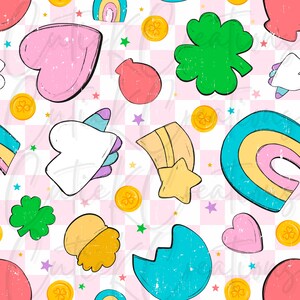 May include: A whimsical pattern featuring hearts, rainbows, shamrocks, gold coins, and shooting stars. The design includes a unicorn, an egg, and other playful elements, all set against a pink and white checkered background.