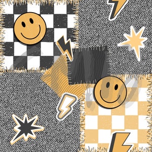 May include: A patchwork design featuring a black and white checkered pattern, denim fabric, and yellow smiley faces. The design includes lightning bolt and star shapes.