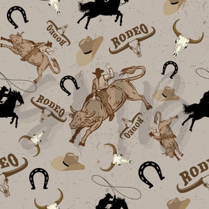 May include: A seamless pattern featuring a brown and tan cowboy theme. The pattern includes cowboys riding bulls, horseshoes, cowboy hats, and skulls. The word "Rodeo" is repeated throughout the pattern.