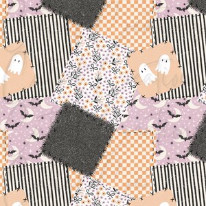 May include: A repeating pattern featuring patchwork squares of black and white vertical stripes, orange and white checkerboard, floral prints with small bows, and light purple backgrounds with white crescent moons, stars, and black bats.