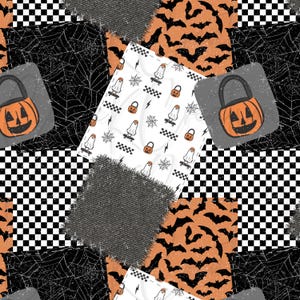Könnte beinhalten: Ein Patchwork-Muster mit Quadraten aus schwarz-weißem Schachbrettmuster, orangefarbenen Fledermaussilhouetten, schwarzen Spinnennetzen und dunkelgrauen Denim-Texturen. Ein weißes Quadrat in der Mitte zeigt Geister auf Skateboards.