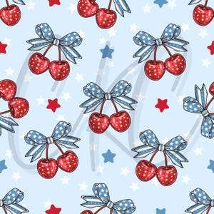 May include: A seamless pattern featuring red cherries with blue and white star-patterned bows on a light blue background. The pattern is perfect for fabric, wallpaper, or wrapping paper.