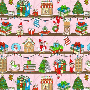 May include: A repeating pattern featuring Christmas-themed illustrations. The design includes stacks of books, gift boxes, Christmas trees, gingerbread houses, elves, snow globes, and rocking horses, all set against a pink background with string lights.