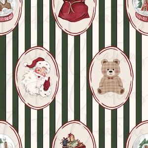 May include: A repeating pattern featuring Christmas-themed illustrations. Santa Claus, a teddy bear, a sack of gifts, and a snow globe are displayed within oval frames. The background has vertical stripes in green and off-white.