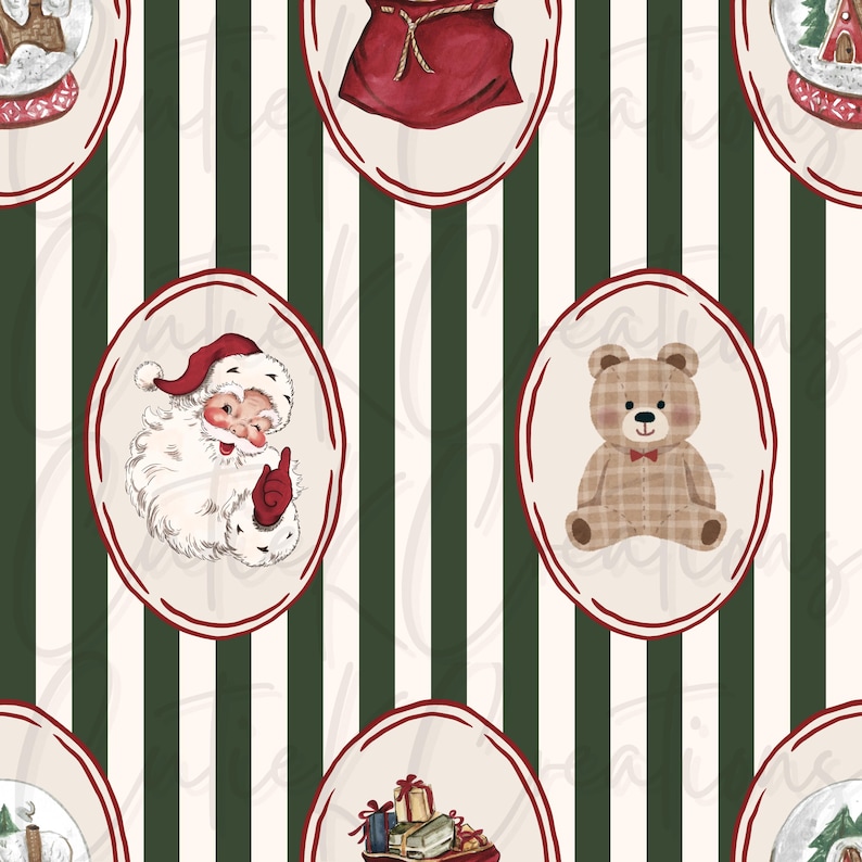 May include: A repeating pattern featuring Christmas-themed illustrations. Santa Claus, a teddy bear, a sack of gifts, and a snow globe are displayed within oval frames. The background has vertical stripes in green and off-white.