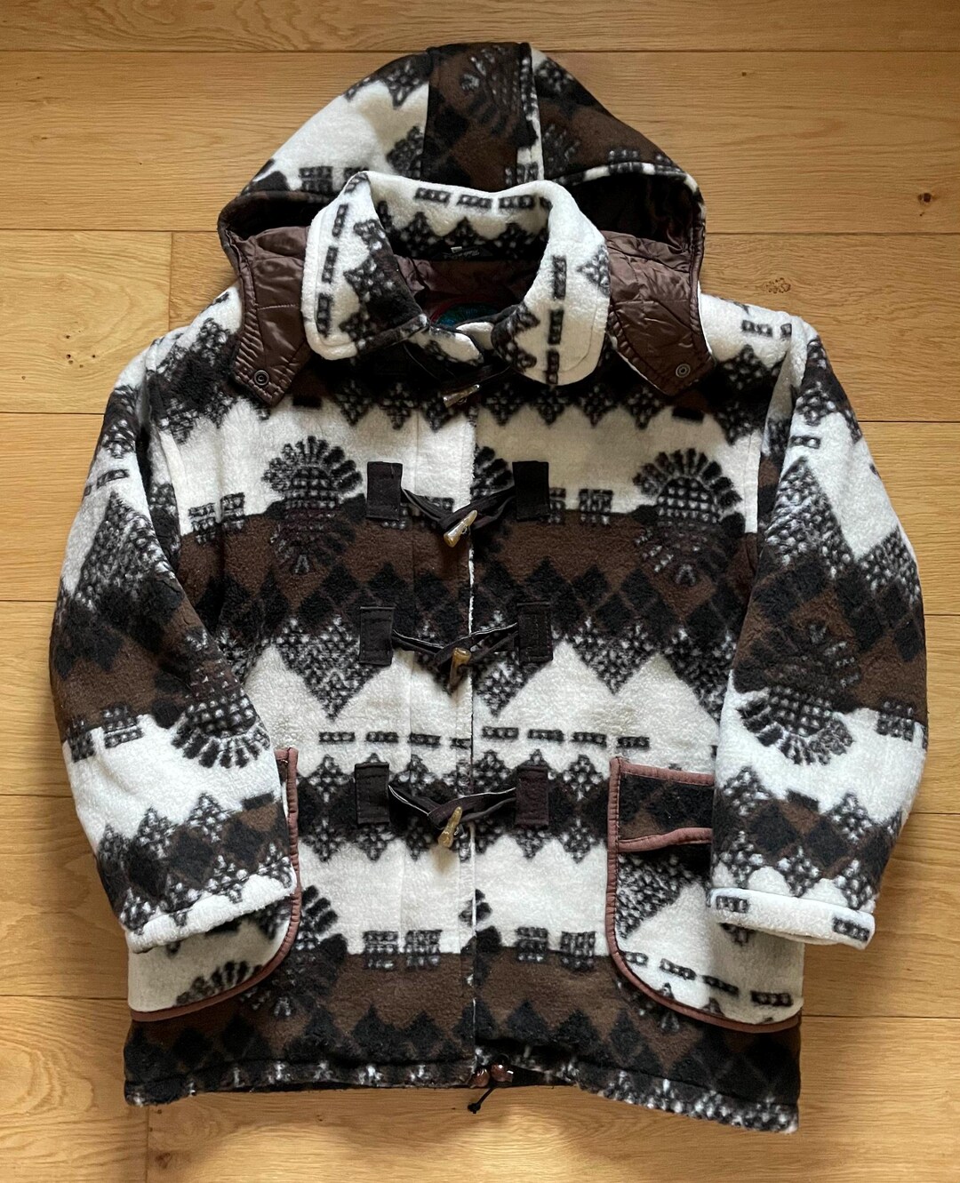 Vintage Henri Cottons Aztec Pattern Fleece Duffle Coat Hooded Brown ...