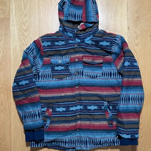 Prodigy Hooded Jacket Blue Aztec Pattern Southwestern Coat Vintage Style Large