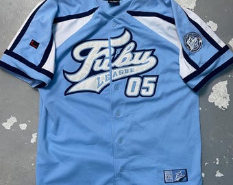 Vintage FUBU League 05 Baseball Jersey Light Blue Y2K Hip Hop Streetwear XL