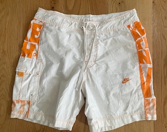 Vintage Nike Board Shorts White & Orange Graphic Print Cargo Pocket Trunks Medium