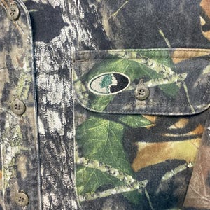 Op de afbeelding: Close-up van een camouflage overhemd met knopen. Het overhemd heeft een bos camouflagepatroon in tinten bruin, groen en grijs. Een borstzak heeft een logo met een boomontwerp. Het overhemd heeft verschillende bruine knopen.