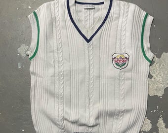 Vintage Adidas-sweatervest witte kabelgebreide preppy tennisstijl maat 52