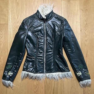 Y2K Miss Sixty-jas zwart kunstleer namaakbont Tribal borduursels medium