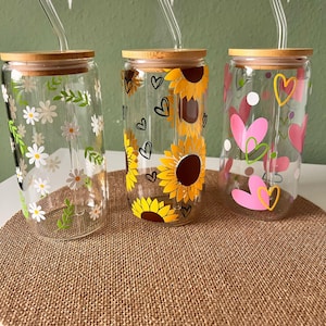 Drinking glass, flowers, hearts, sunflowers drinking glass with bamboo lid and glass straw